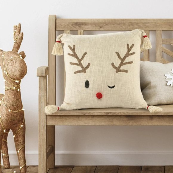 CLEARANCE! NWT / Reindeer Winking Throw Pillow, 20"x20", Cotton - Picture 4 of 6